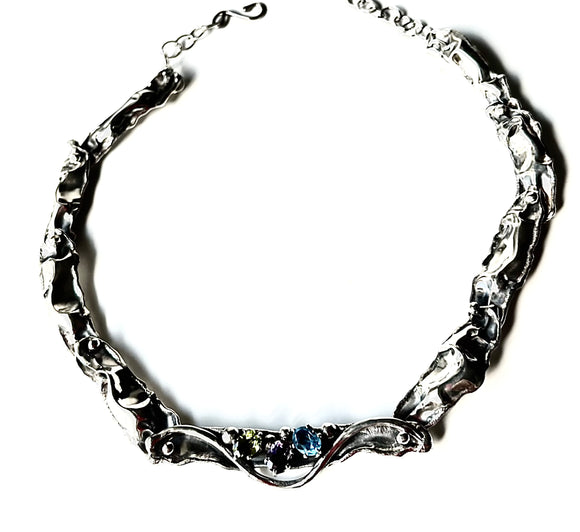 Multi gemstones set in Hand Fabricated Sterling Silver Crinkle Necklace