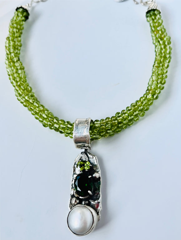 Woven Peridot Necklace with Sterling Gemstone and Pearl Pendant