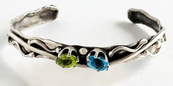 Natural gemstones set in Sterling Silver Cuff Bracelet - Narrow