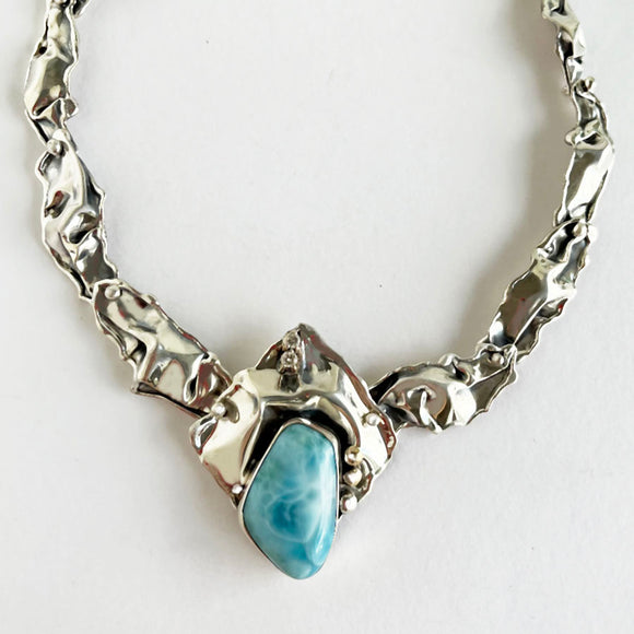 Larimar and diamonds set in Sterling Silver Necklace with 14kt gold