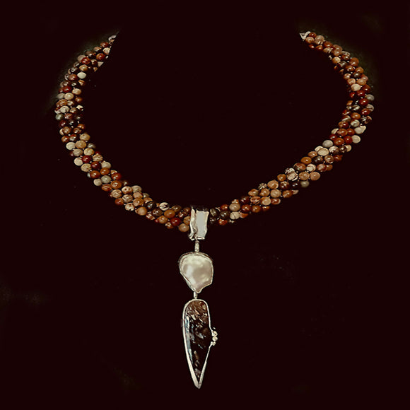 Freshwater Pearl and Fossilized Wood Pendant