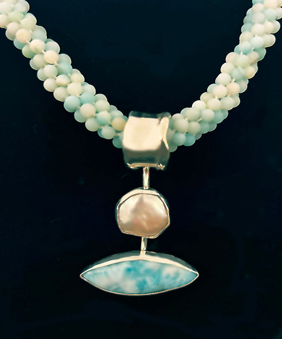 Larimar and Pearl Pendant on Amazonite