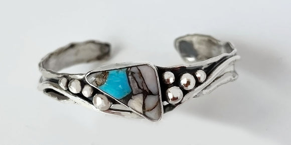 Turquoise, Pink Opal and Copper in Sterling Silver Cuff Bracelet