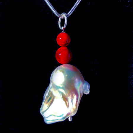 Baroque Freshwater Pearl and Coral  in Sterling Silver Pendant