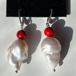 Luminous Baroque Freshwater Pearl with Coral in Sterling Silver Earrings