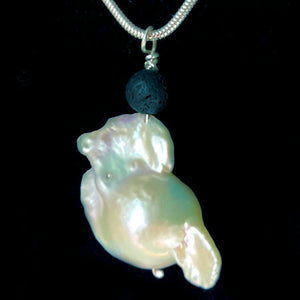 Baroque Freshwater Pearl and Lava Stone in Sterling Silver Pendant
