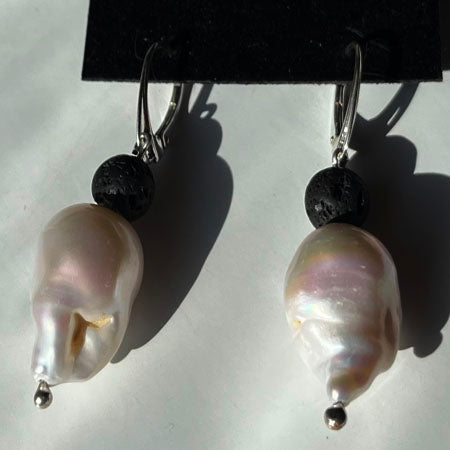 Luminous Baroque Freshwater Pearl with Lava in Sterling Silver Earrings